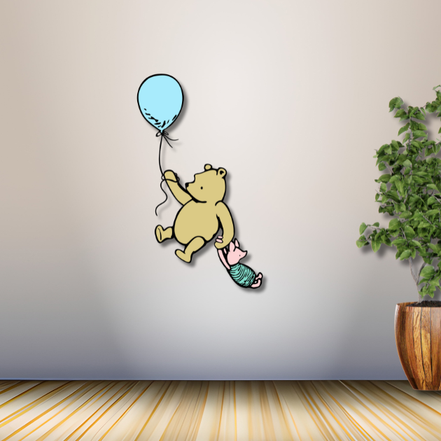Adorable cutout of a bear holding a balloon with Piglet hanging on, perfect for baby showers, birthdays, or nursery decor.
