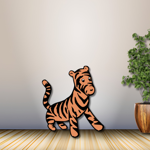 Tiger character cutout resembling Tigger, displayed indoors with neutral wall and potted plant.