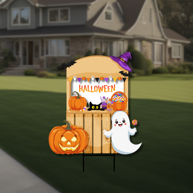 Halloween Candy Stand Backdrop with Ghost & Pumpkins Halloween candy stand backdrop with ghost cutout, pumpkins, jack-o’-lantern, bats, and candy bucket — UV-printed event decoration for Halloween parties.
