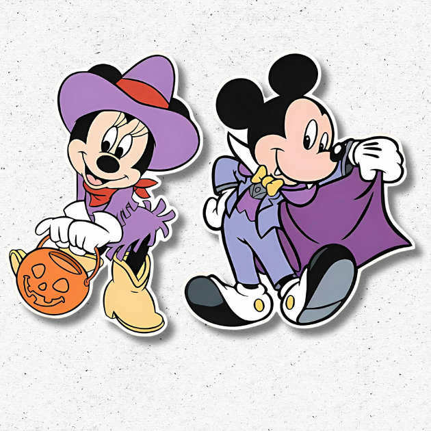 Mickey & Minnie-inspired Halloween cutouts in vampire and witch costumes – UV-printed foam board party decorations Mickey & Minnie-inspired Halloween cutouts in vampire and witch costumes – UV-printed foamboard party decorations.
