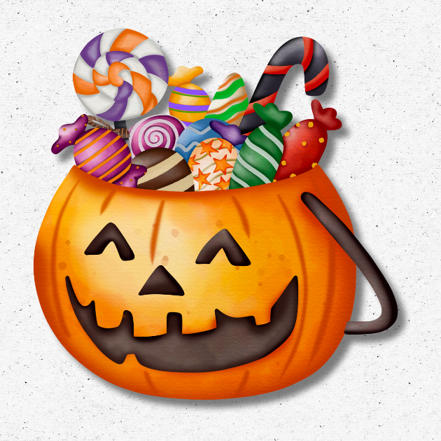 Halloween Pumpkin Candy Bucket Cutout Halloween pumpkin candy bucket cutout filled with colorful treats – UV-printed foamboard decoration.