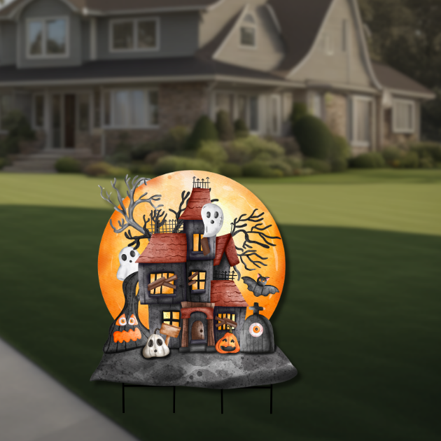 Halloween Haunted House Cutout Backdrop Haunted house Halloween cutout with spooky details including ghosts, bats, and a glowing moon. UV-printed on foamboard or coroplast, contour-cut for Halloween parties and photo backdrops.