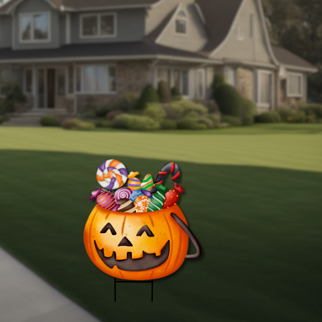 Halloween Pumpkin Candy Bucket Cutout Halloween pumpkin candy bucket cutout filled with colorful treats – UV-printed foamboard decoration.
