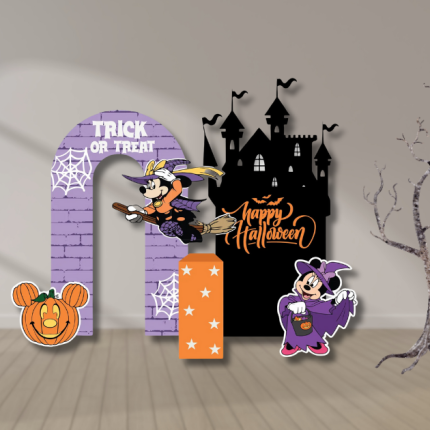 Mouse Halloween Castle display with a purple Trick or Treat arch, black castle, orange star panel, two mouse witch cutouts, and mouse-ear pumpkin.