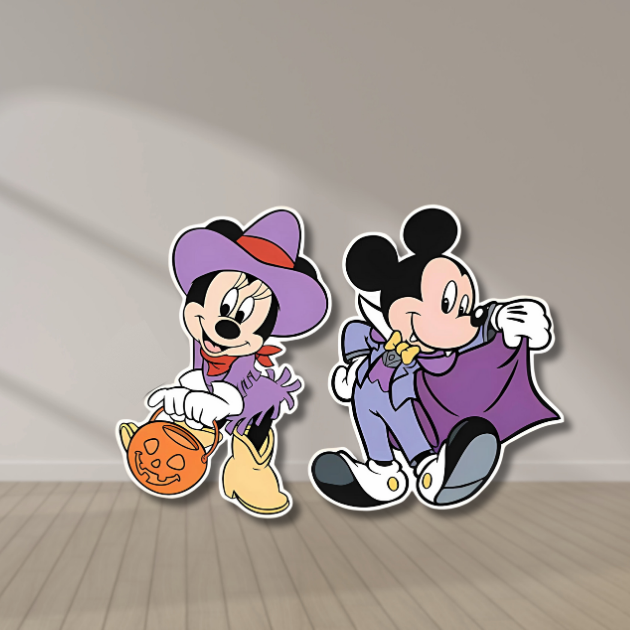 Mickey & Minnie-inspired Halloween cutouts in vampire and witch costumes – UV-printed foamboard party decorations. Mickey & Minnie-inspired Halloween cutouts in vampire and witch costumes – UV-printed foamboard party decorations.