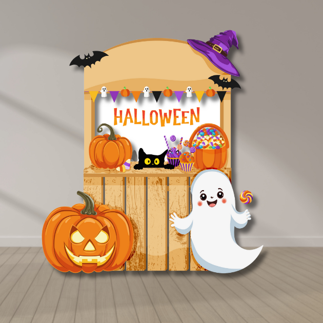 Halloween Candy Stand Backdrop with Ghost & Pumpkins Halloween candy stand backdrop with ghost cutout, pumpkins, jack-o’-lantern, bats, and candy bucket — UV-printed event decoration for Halloween parties.