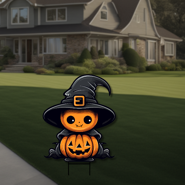 Halloween Witch Pumpkin Cutout Pumpkin cutout with witch hat and cape – UV-printed Halloween decoration.