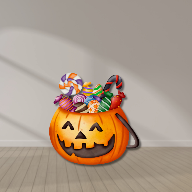 Halloween Pumpkin Candy Bucket Cutout Halloween pumpkin candy bucket cutout filled with colorful treats – UV-printed foamboard decoration.