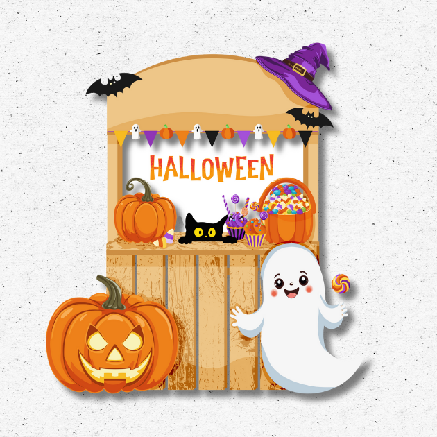Halloween Candy Stand Backdrop with Ghost & Pumpkins Halloween candy stand backdrop with ghost cutout, pumpkins, jack-o’-lantern, bats, and candy bucket — UV-printed event decoration for Halloween parties.