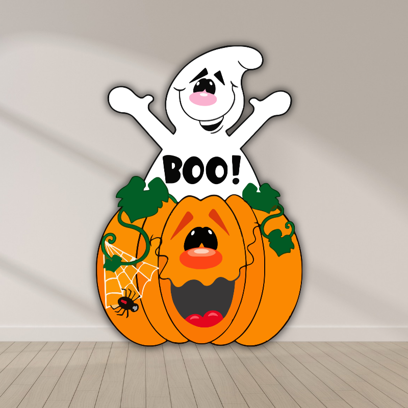 Halloween pumpkin and ghost character cutout featuring a smiling jack-o'-lantern, a white ghost saying BOO, and spiderweb decorations.