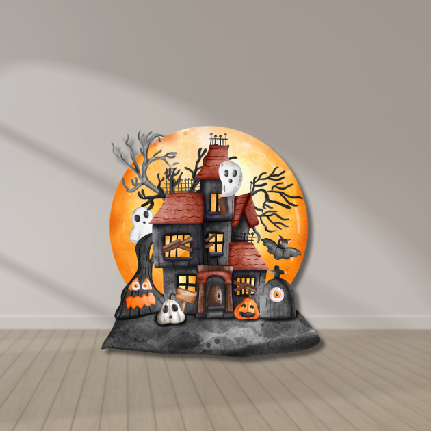 Halloween Haunted House Cutout Backdrop Haunted house Halloween cutout with spooky details including ghosts, bats, and a glowing moon. UV-printed on foamboard or coroplast, contour-cut for Halloween parties and photo backdrops.