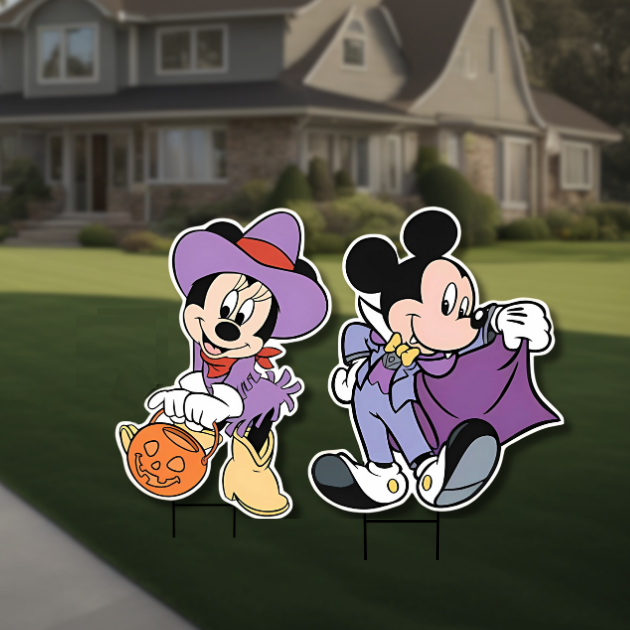 Mickey & Minnie-inspired Halloween cutouts in vampire and witch costumes – UV-printed foamboard party decorations. Mickey & Minnie-inspired Halloween cutouts in vampire and witch costumes – UV-printed foam-board party decorations.