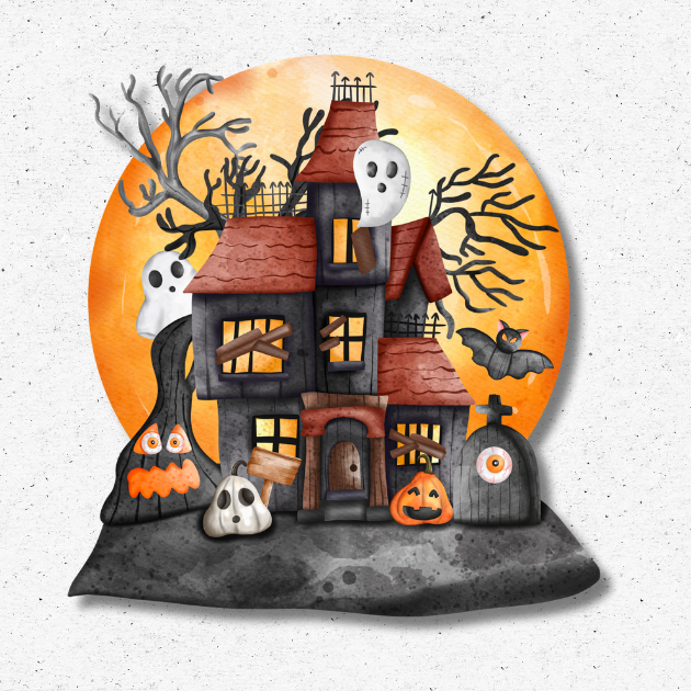 Halloween Haunted House Cutout Backdrop Haunted house Halloween cutout with spooky details including ghosts, bats, and a glowing moon. UV-printed on foamboard or coroplast, contour-cut for Halloween parties and photo backdrops.