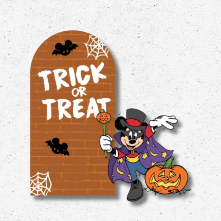 Halloween Trick or Treat orange brick arch with white lettering, spiderwebs, bats, and a costumed cartoon mouse beside a pumpkin.