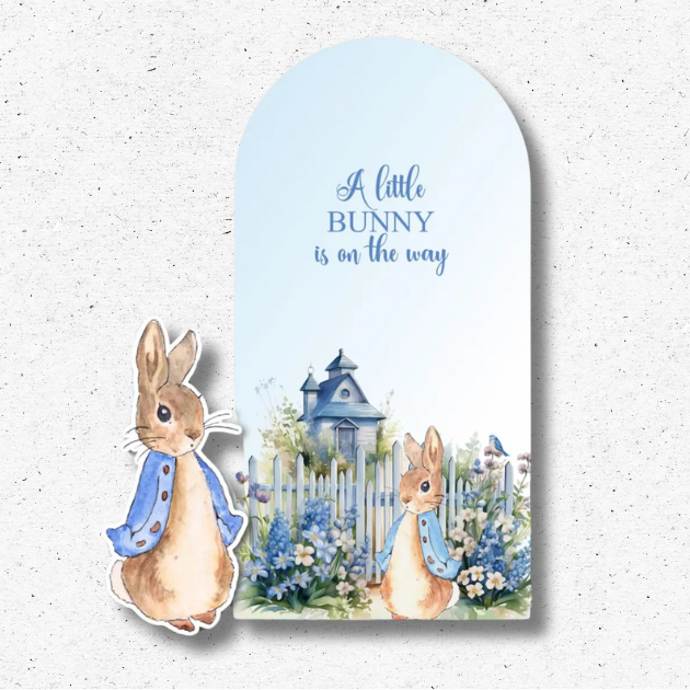 Baby Bunny Boy_EP953 (1) Peter Rabbit baby shower backdrop with watercolor flowers, picket fence, and the phrase “A little bunny is on the way.”