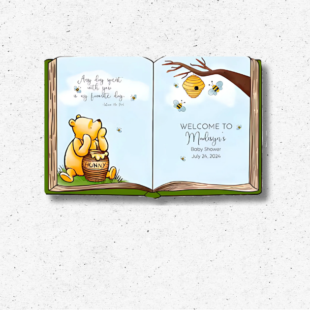 Winnie the Pooh Baby Shower Storybook Backdrop | Custom Party Sign Winnie the Pooh storybook baby shower backdrop with Pooh Bear, honey pot, and bees – custom open book party sign.