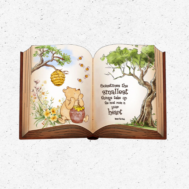 Winnie the Pooh Storybook Backdrop – Baby Shower & Birthday Party Décor Winnie the Pooh Storybook Backdrop with Pooh holding honey pot, bees, and the quote “Sometimes the smallest things take up the most room in your heart.”