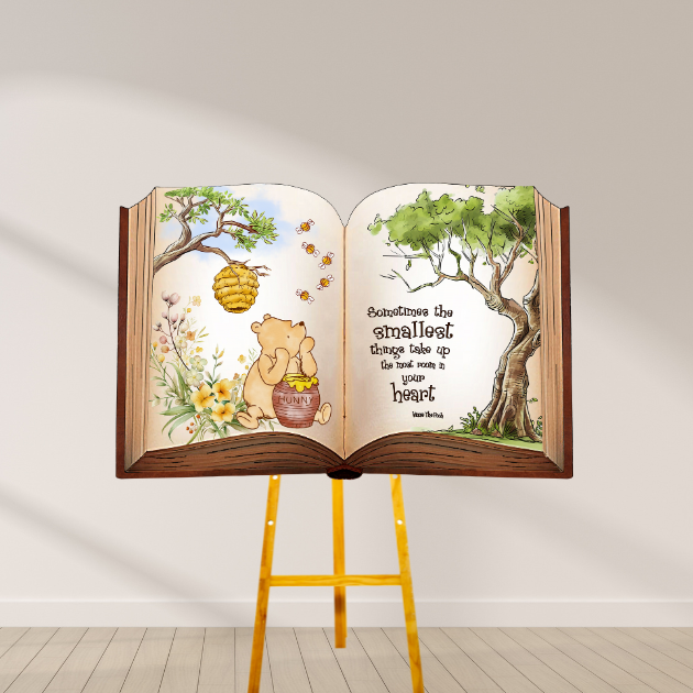 Winnie the Pooh Storybook Backdrop – Baby Shower & Birthday Party Décor Winnie the Pooh Storybook Backdrop with Pooh holding honey pot, bees, and the quote “Sometimes the smallest things take up the most room in your heart.”