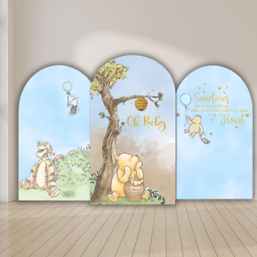 Custom three-piece baby shower foam board backdrop with printed arch panels