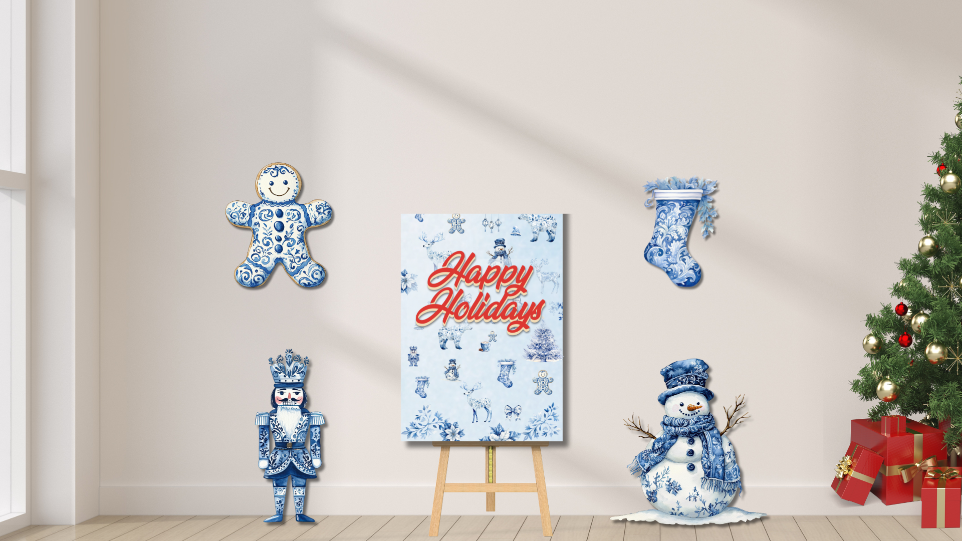 Happy Holidays Blue Porcelain Christmas Set – The Event Printer Blue porcelain-style Happy Holidays backdrop and Christmas cutouts printed by The Event Printer in Oxnard, California