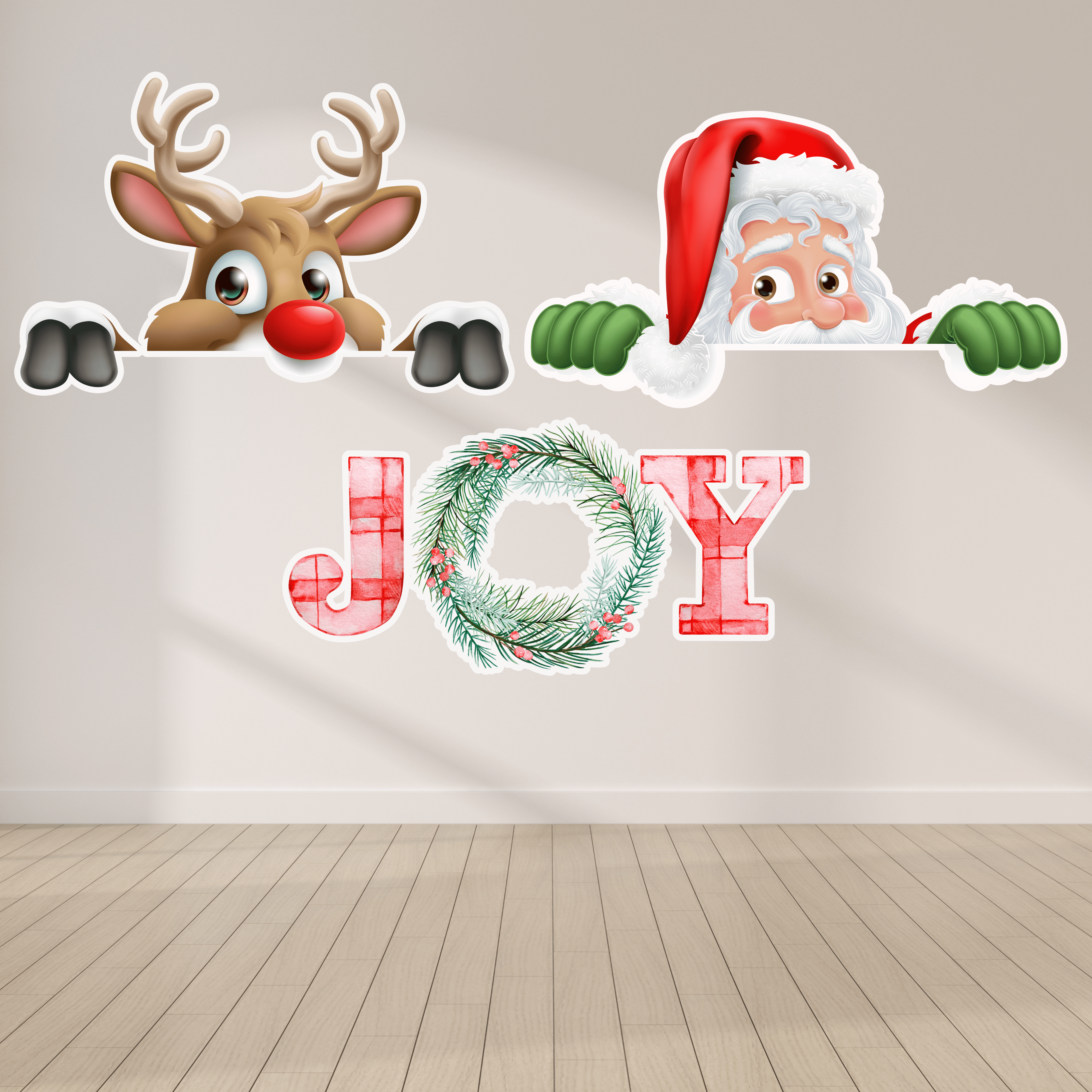 JOY Santa & Reindeer Christmas Cutout – The Event Printer Santa and reindeer JOY Christmas cutout set printed by The Event Printer in Oxnard, California