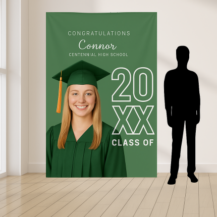 Custom graduation photo backdrop with “20XX • Class Of” and graduate portrait