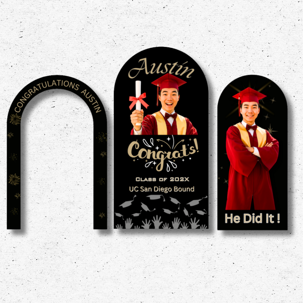 Graduation Skinny Arch Set (1) Custom graduation skinny arch backdrops, life-size senior cutouts, and commencement banners printed locally in Oxnard and Camarillo.