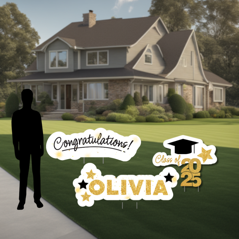 Large personalized graduation yard signs with name Olivia, graduation cap, and class of 2025 sign in front of a house.