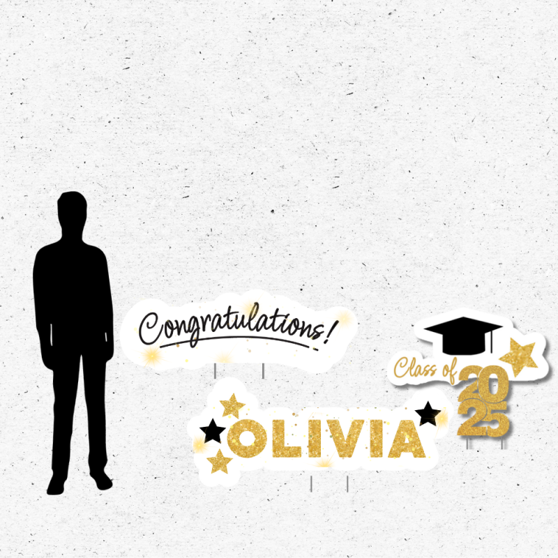 Large personalized graduation yard signs with name Olivia, graduation cap, and class of 2025 sign in front of a house.
