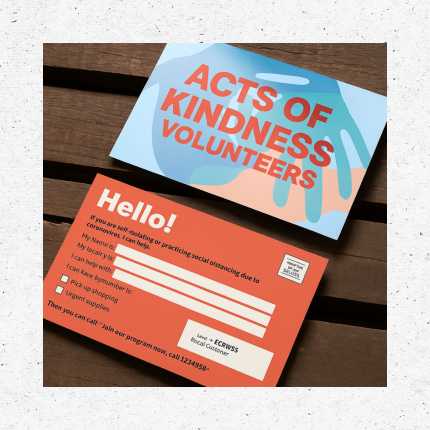Community outreach postcard with volunteer help form and bold headline