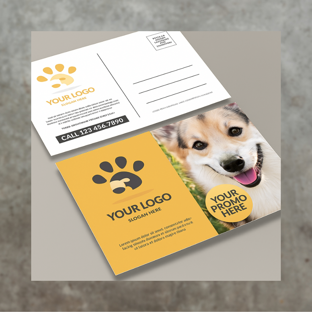 Custom Pet Services Promotional Postcard Design Pet service promotional postcard with happy dog and business contact space