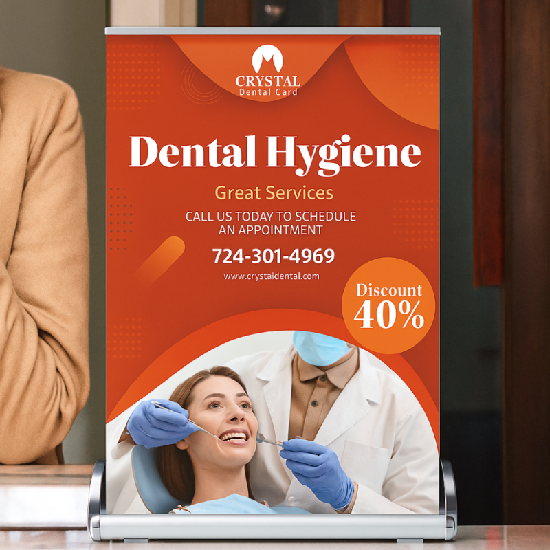 Custom retractable banner stand displaying professional real estate advertising indoors