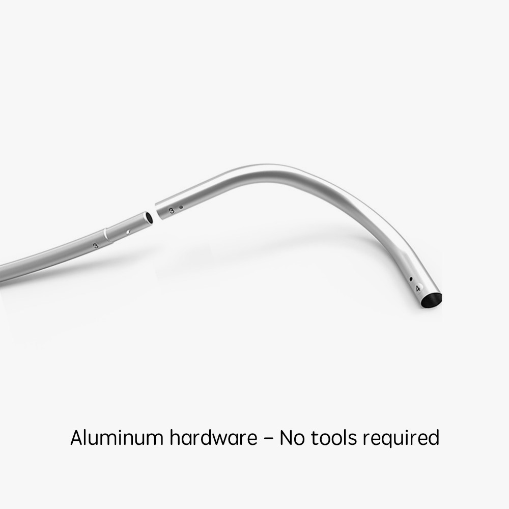 Curved Fabric Pop Up Display – Tool-Free Aluminum Hardware Numbered aluminum tube sections and push-button connector for tool-free assembly of a curved fabric pop up display
