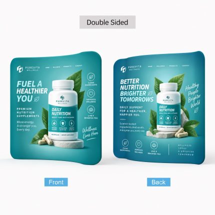 Front and back of a curved two-sided fabric pop up display with teal PureVita Wellness graphics