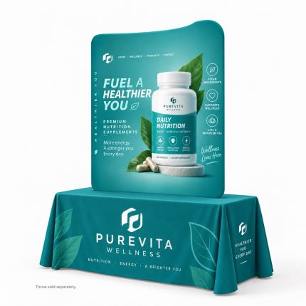 Curved fabric pop up display with teal PureVita Wellness graphics on a matching covered table; throw sold separately