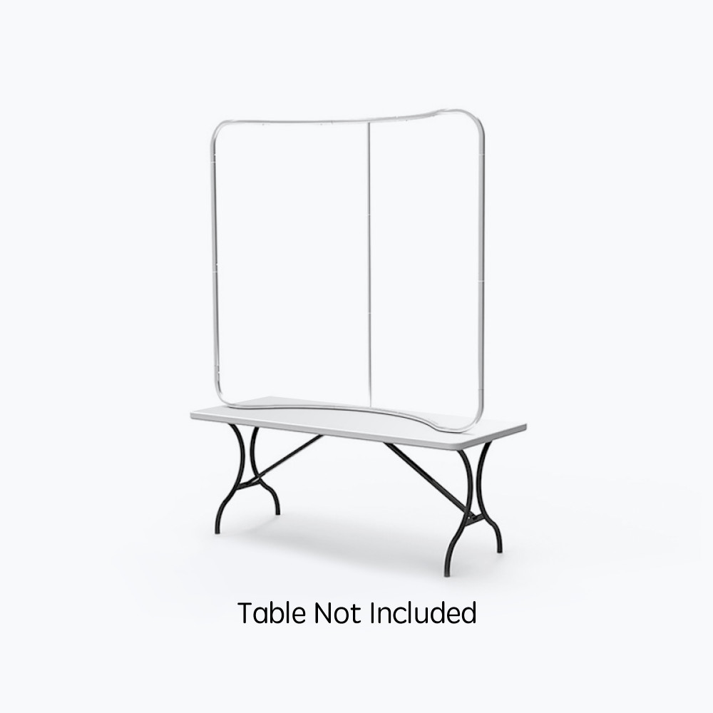 Curved Two-Sided Fabric Pop Up Display – Aluminum Frame Bare aluminum frame for a curved two-sided fabric pop up display shown on a folding table; table not included