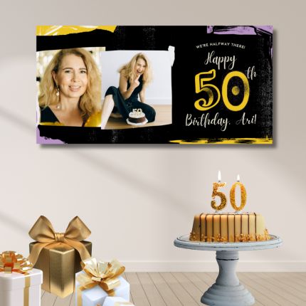 Custom 50th birthday party banner with photos and gold design