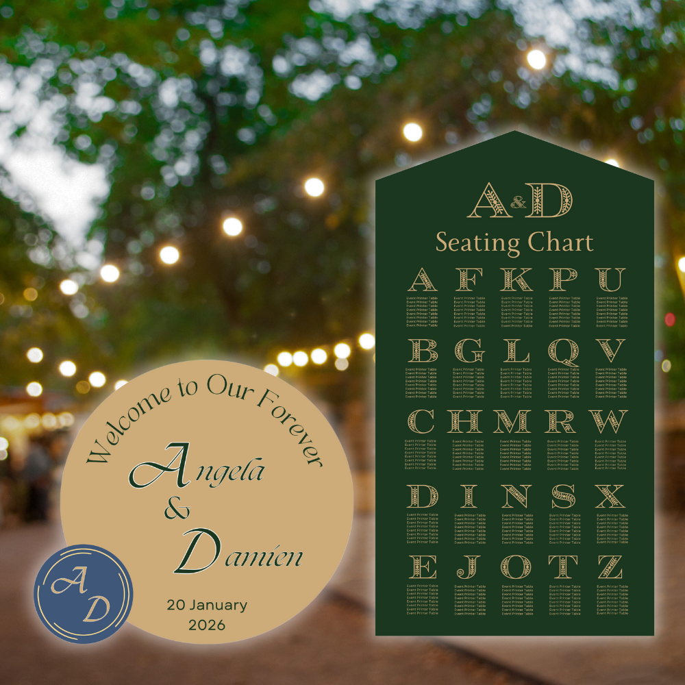 Round and Pointed Arch Wedding Set Round and pointed arch wedding signage set with seating chart and welcome message for Angela & Damien, customized for elegant outdoor events.