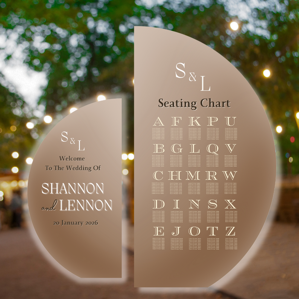 EP635_Welcome & Seating D5 Custom half-arch wedding welcome sign and seating chart for Shannon & Lennon, printed on foam board or coroplast in neutral tones by The Event Printer, Oxnard.