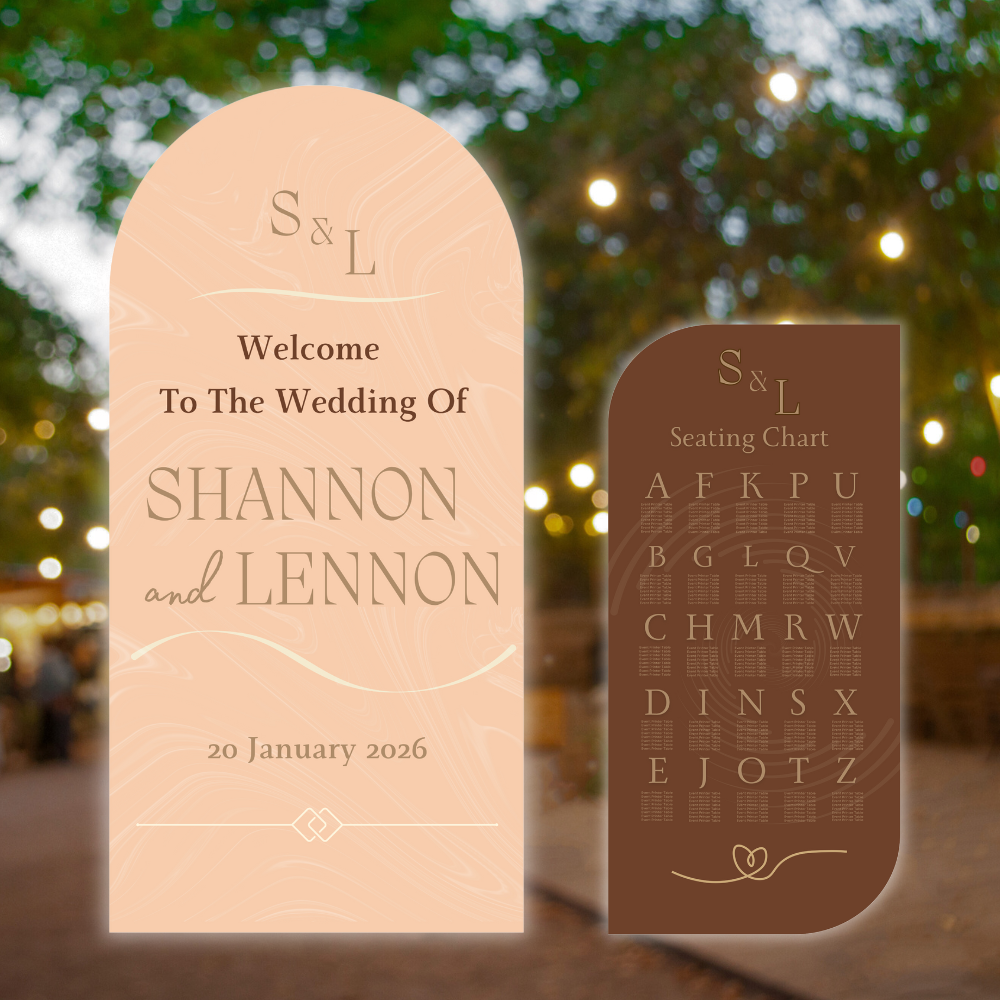 Wedding Welcome Sign & Seating Chart – Custom Arch Set D9 Wedding welcome sign and seating chart set, UV printed on foam board with modern arch design.