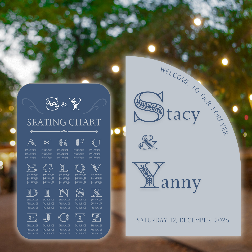 Wedding Welcome Sign & Seating Chart – Personalized Arch StyleD10 Wedding welcome sign and seating chart set with modern arch design, UV printed on foamboard.
