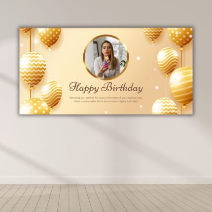 Elegant milestone birthday photo backdrop with custom portrait and balloon accents