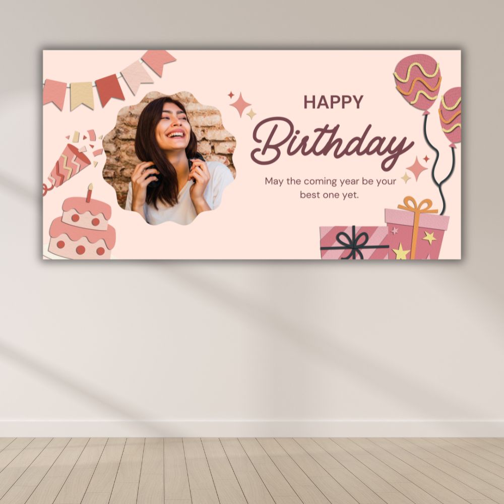 Blush Celebration Custom Birthday Backdrop Blush pink personalized birthday backdrop with photo frame printed in Oxnard California