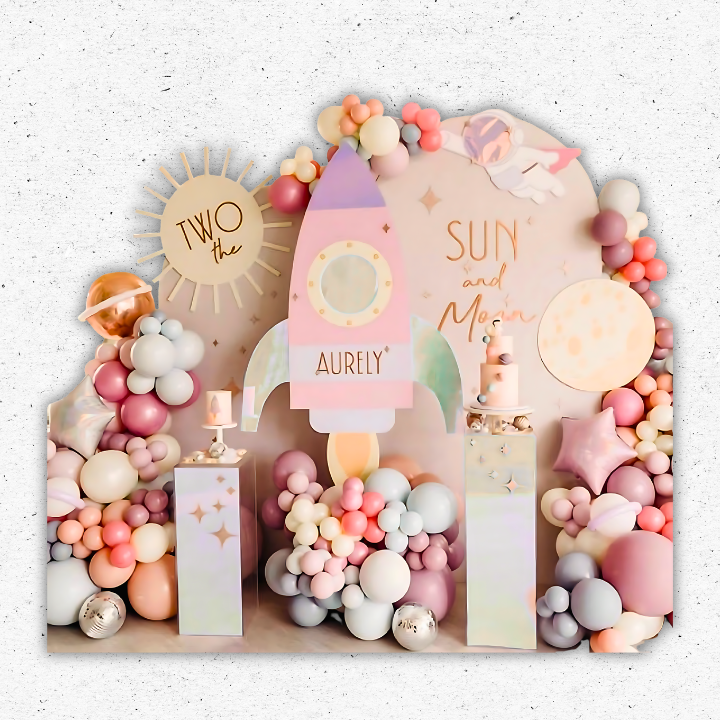 Two the Sun and Moon second birthday backdrop with custom rocket and balloon arch decor printed in Oxnard CA for kids birthday parties in Ventura County