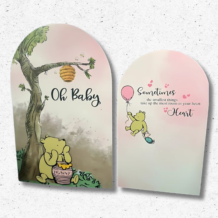 Winnie the Pooh baby shower welcome sign and Oh Baby arch backdrop set printed in Oxnard CA for baby showers in Ventura and Camarillo