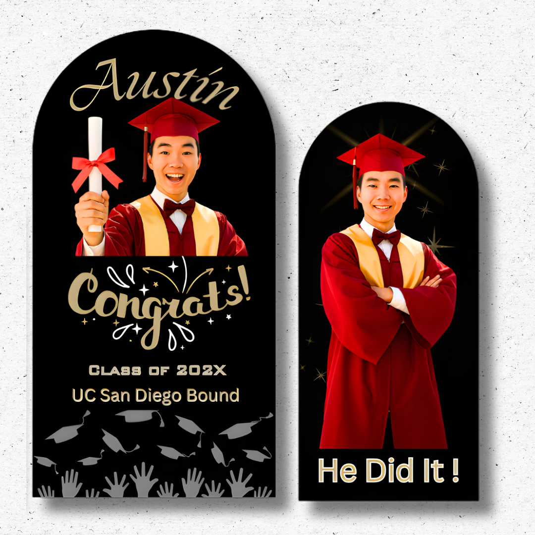 Custom graduation skinny arch backdrops, life-size senior cutouts, and commencement banners printed locally in Oxnard and Camarillo.