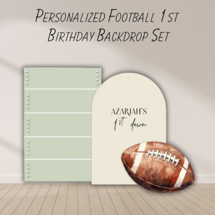 football first birthday backdrop set with arch panel and football cutout