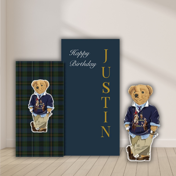 Plaid Teddy Bear Birthday Backdrop Set (2) teddy bear birthday backdrop plaid preppy setup with character cutouts