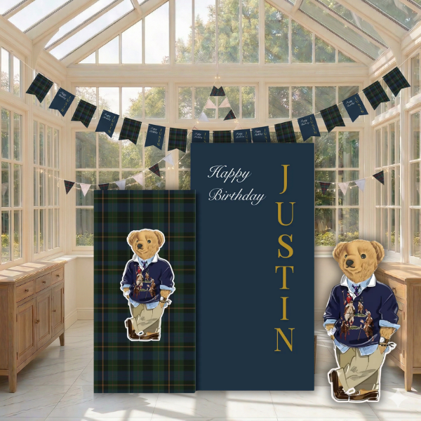 teddy bear birthday backdrop plaid preppy setup with character cutouts