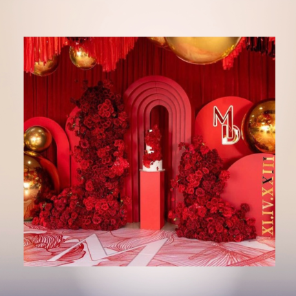 luxury red floral backdrop milestone birthday event decor Ventura County